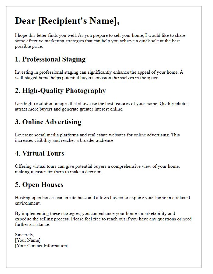 Letter template of Marketing Strategies to Sell Your Home Fast