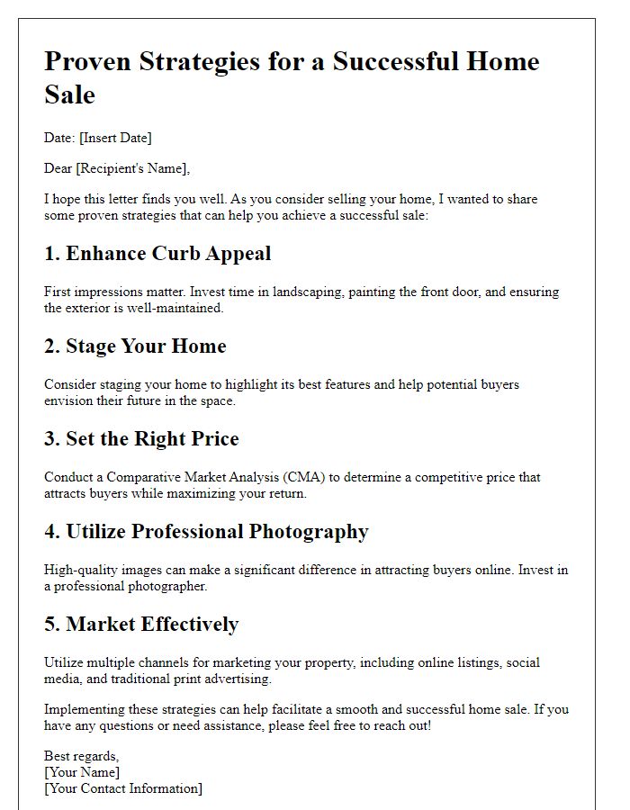 Letter template of Proven Strategies for a Successful Home Sale