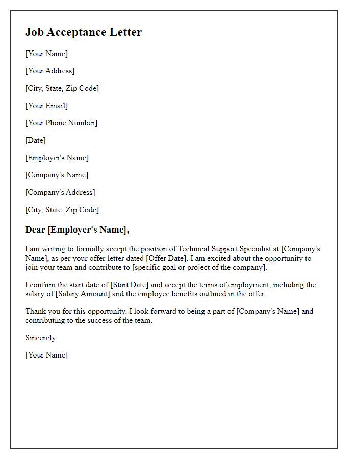 Letter template of acceptance for technical support job offer.