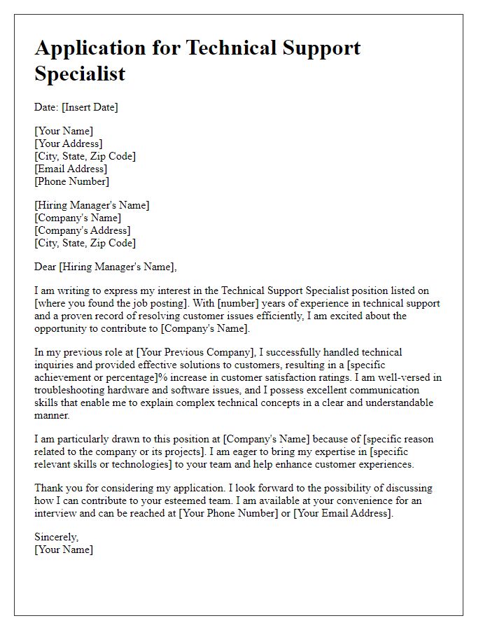 Letter template of application for technical support specialist position.