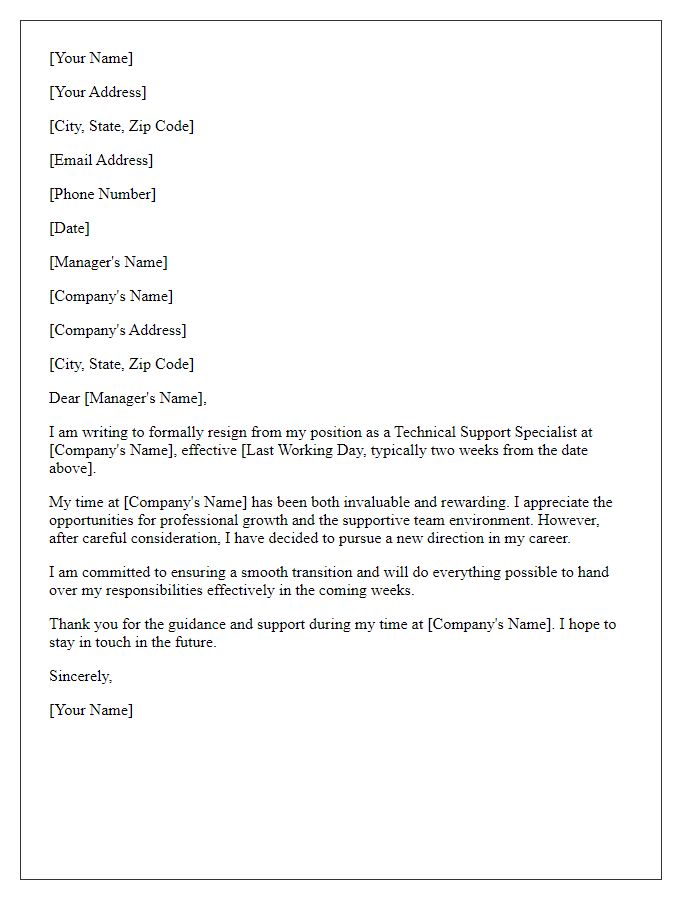 Letter template of resignation from technical support role.