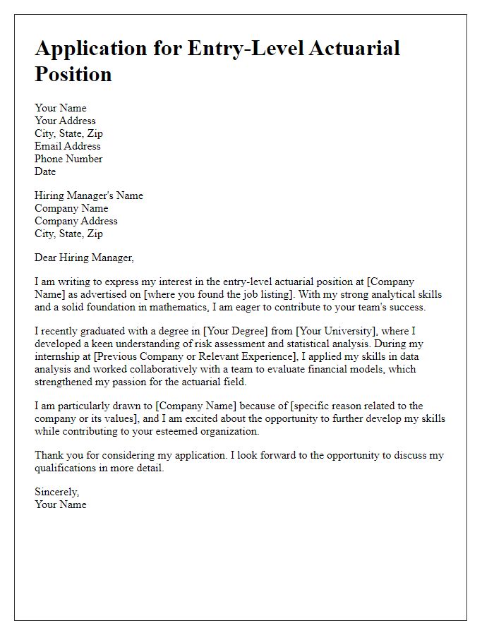 Letter template of application for an entry-level actuarial position.