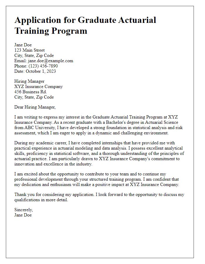 Letter template of application for a graduate actuarial training program.