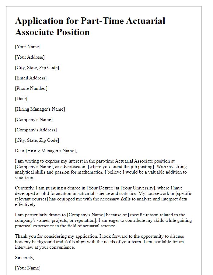 Letter template of application for a part-time actuarial associate role.