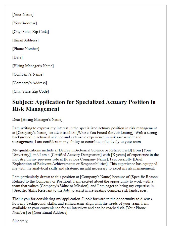 Letter template of application for a specialized actuary position in risk management.