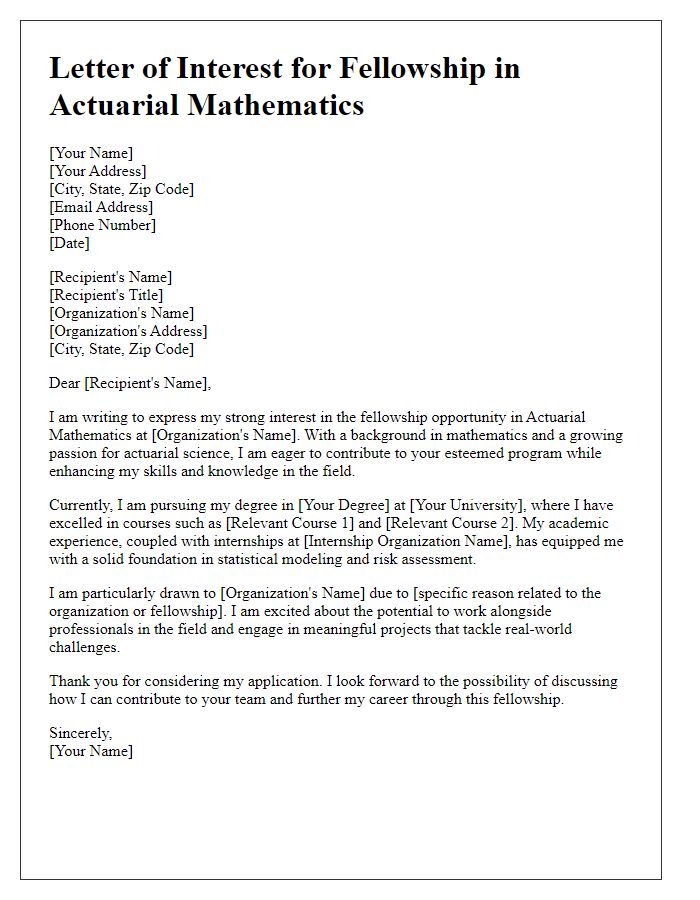 Letter template of interest for a fellowship in actuarial mathematics.