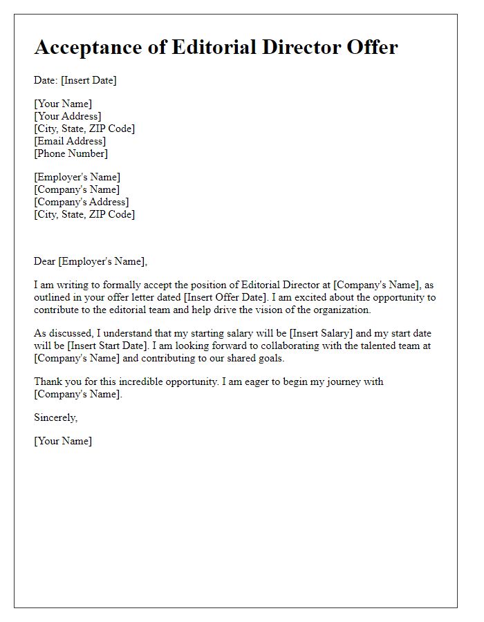 Letter template of acceptance for editorial director offer