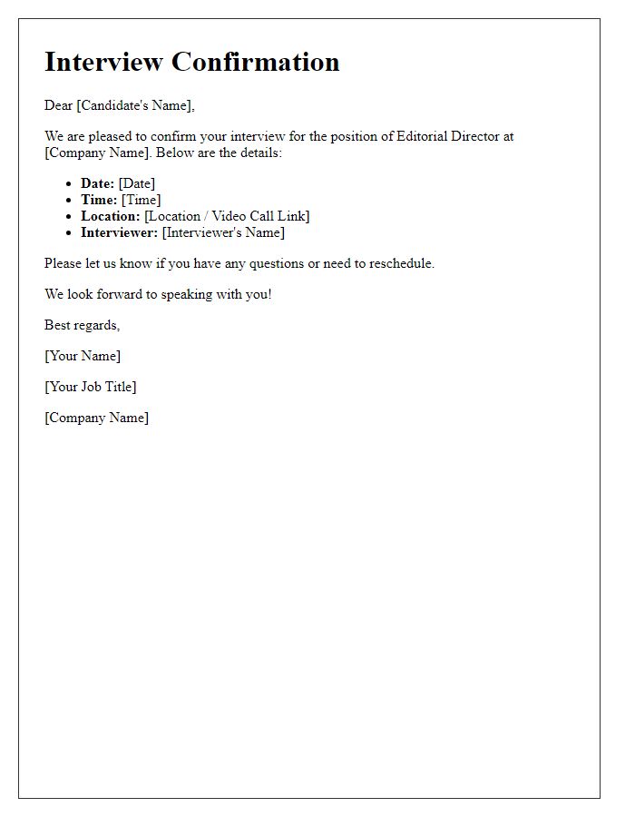 Letter template of confirmation for editorial director interview