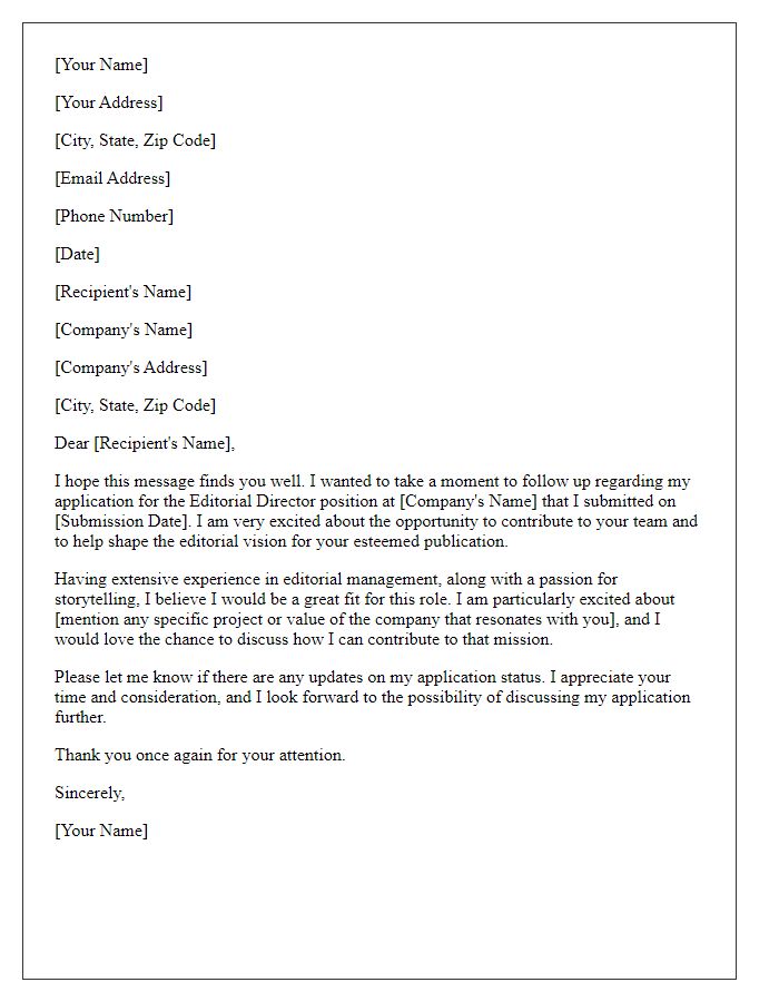 Letter template of follow-up for editorial director application