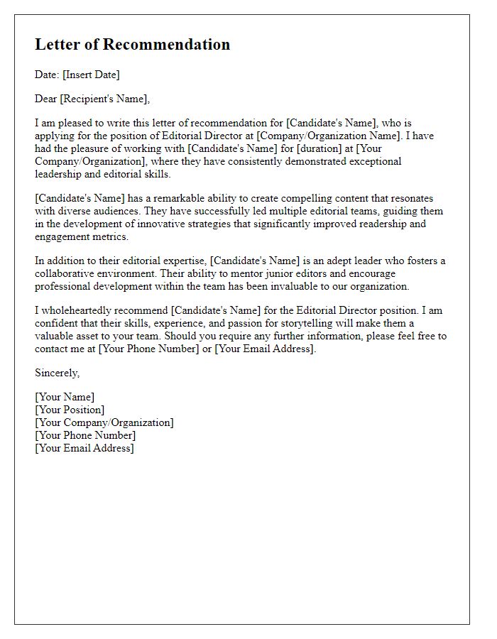 Letter template of recommendation for editorial director candidate