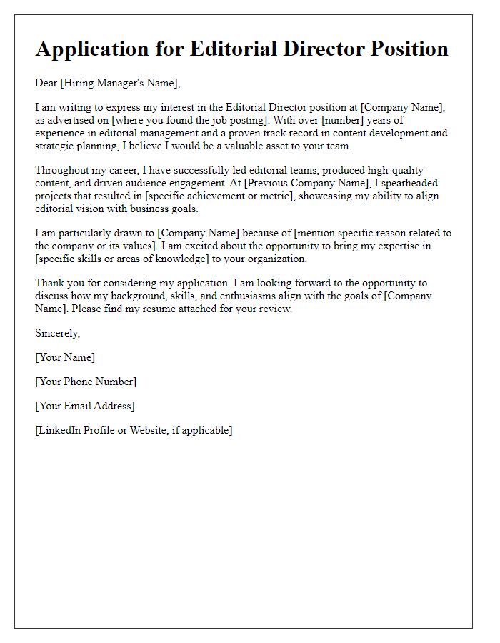 Letter template of submission for editorial director job