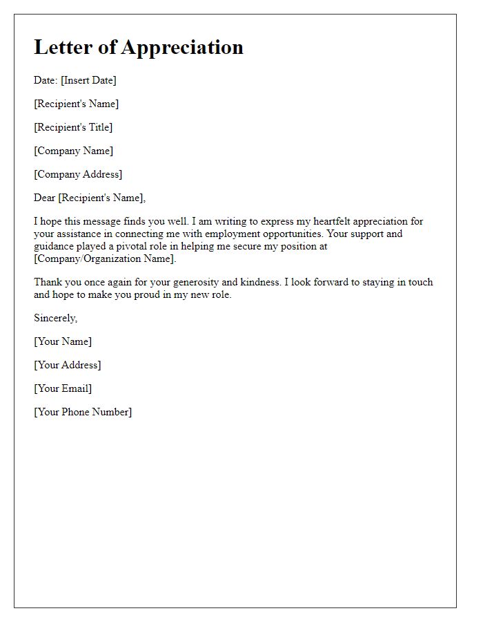 Letter template of appreciation for connecting me with employment