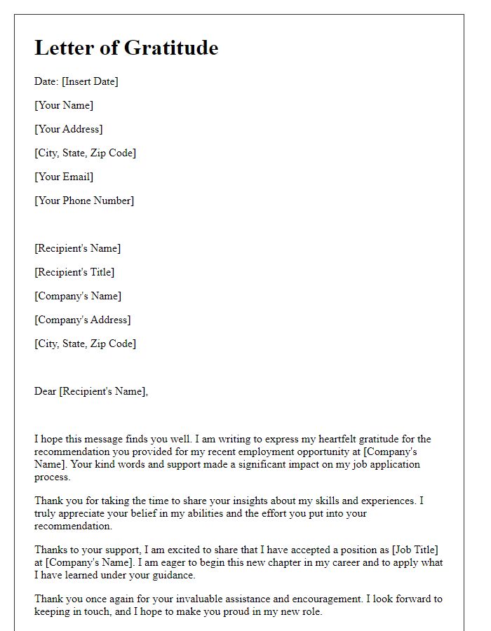 Letter template of gratitude for employment recommendation