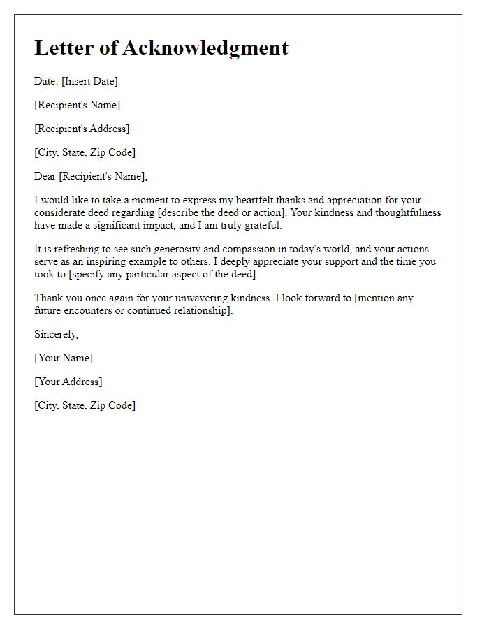 Letter template of acknowledgment for a considerate deed