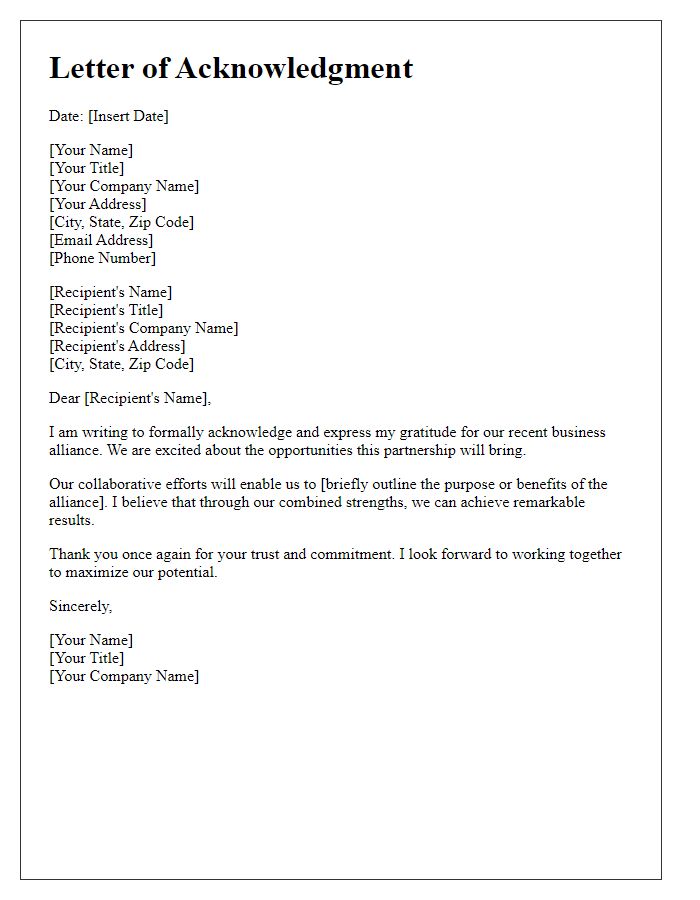 Letter template of acknowledgment for your business alliance