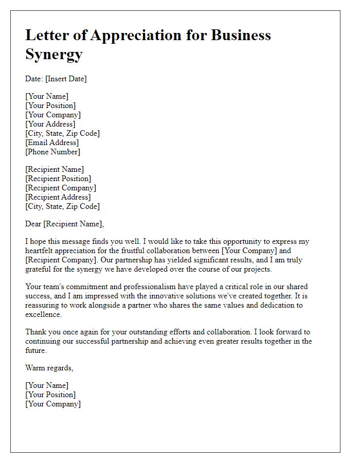 Letter template of appreciation for business synergy