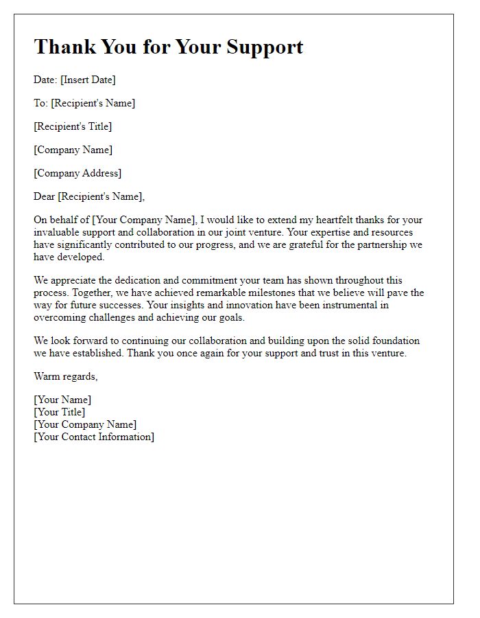 Letter template of thanks for joint venture support