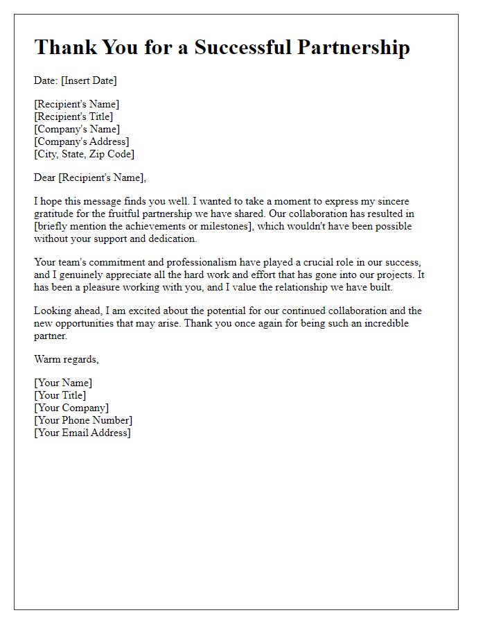 Letter template of thanks for successful partnership