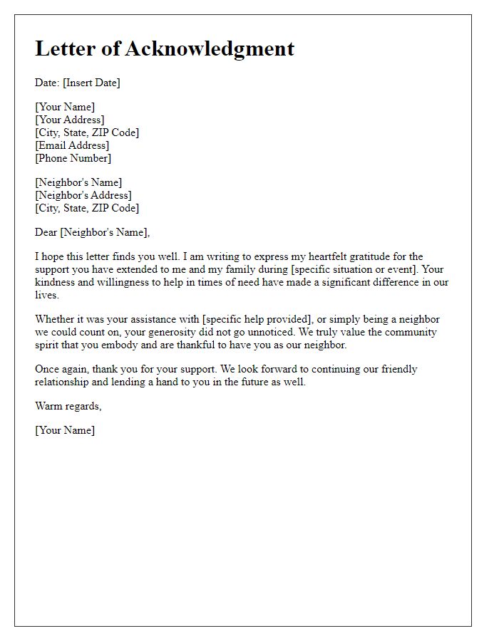 Letter template of acknowledgment for neighborly support