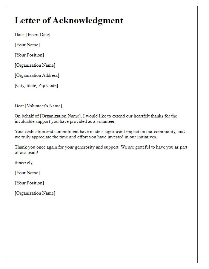 Letter template of acknowledgment for volunteer support