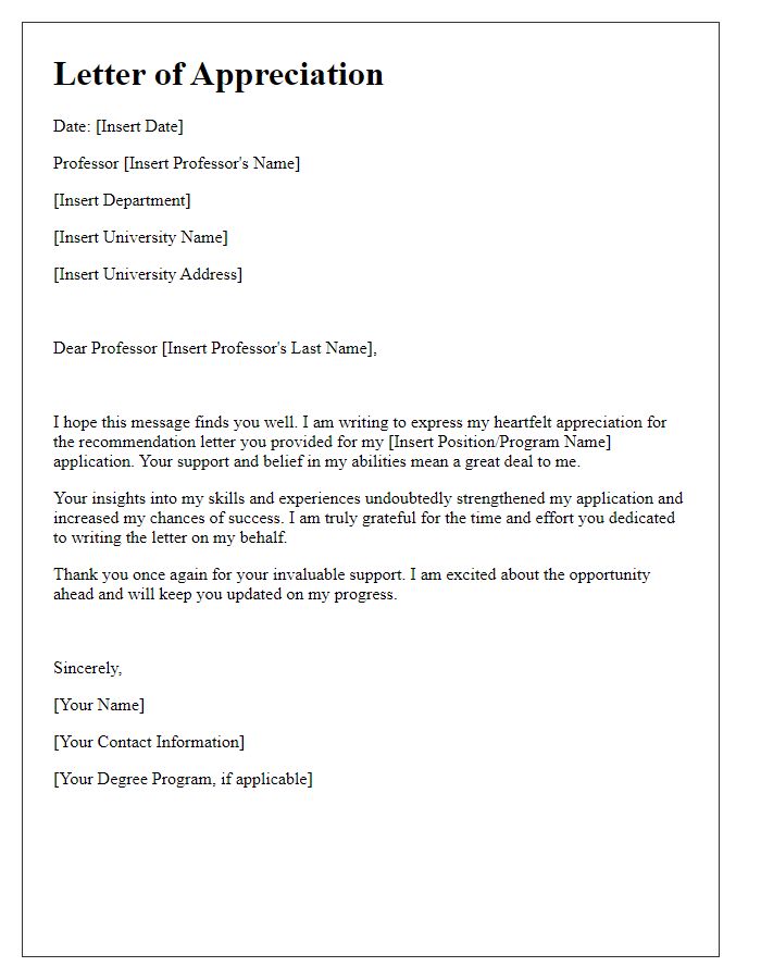 Letter template of appreciation for a professor's recommendation