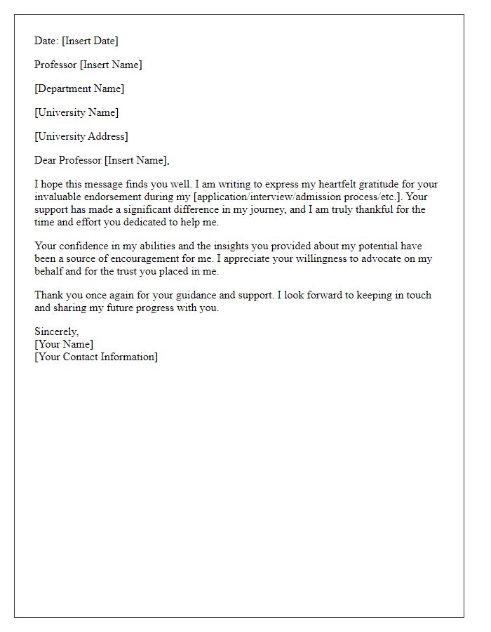 Letter template of gratitude for a professor's endorsement