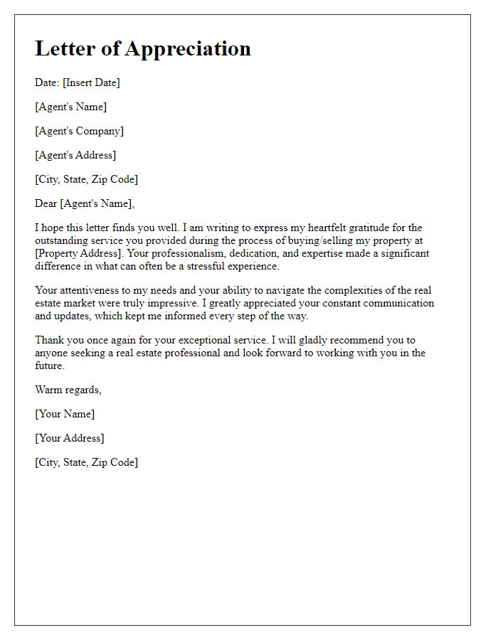 Letter template of appreciation for a real estate agent's outstanding service.