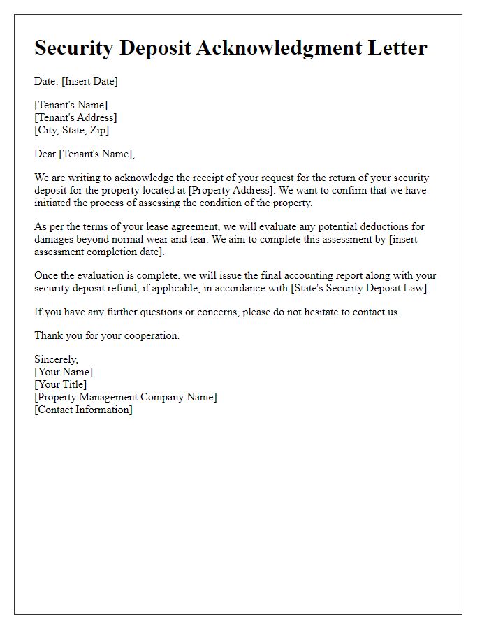 Letter template of acknowledgment for tenant security deposit return process.