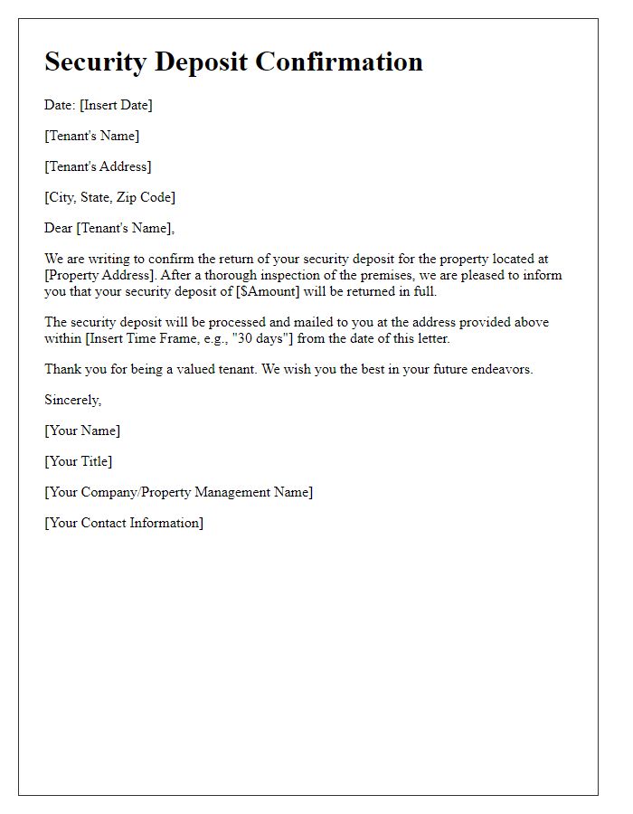 Letter template of confirmation for returning tenant's security deposit.