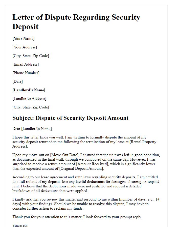 Letter template of dispute regarding tenant security deposit amount.