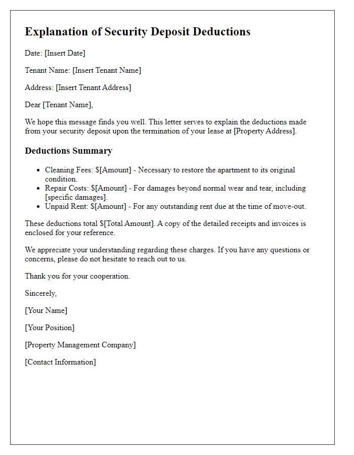 Letter template of explanation regarding tenant security deposit deductions.