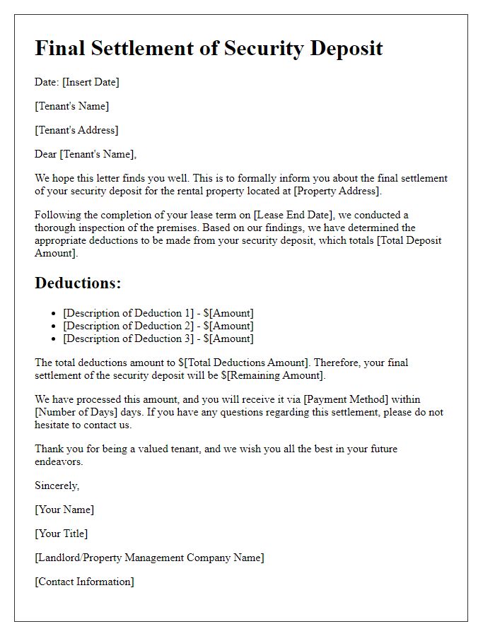 Letter template of final settlement for tenant security deposit.