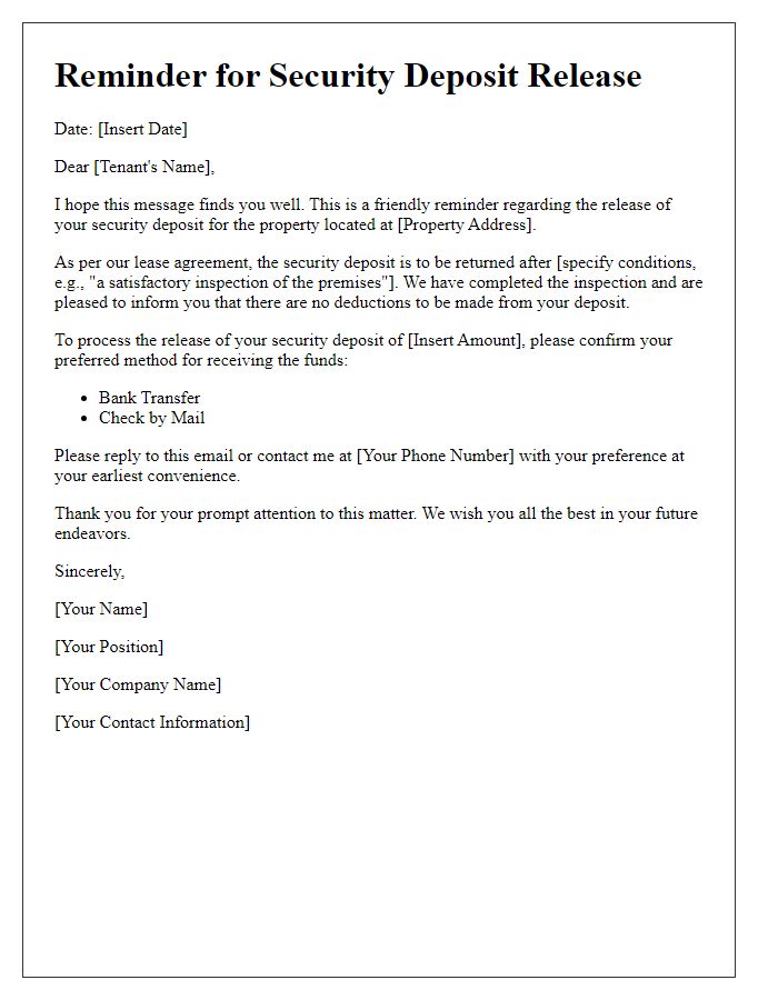 Letter template of reminder for tenant's security deposit release.