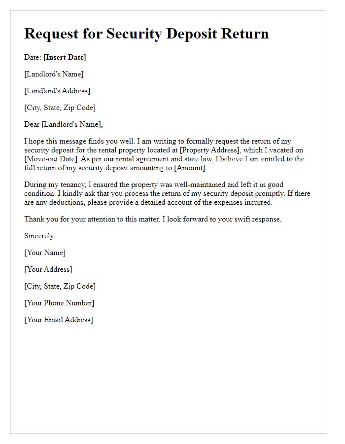 Letter template of request for tenant security deposit return.