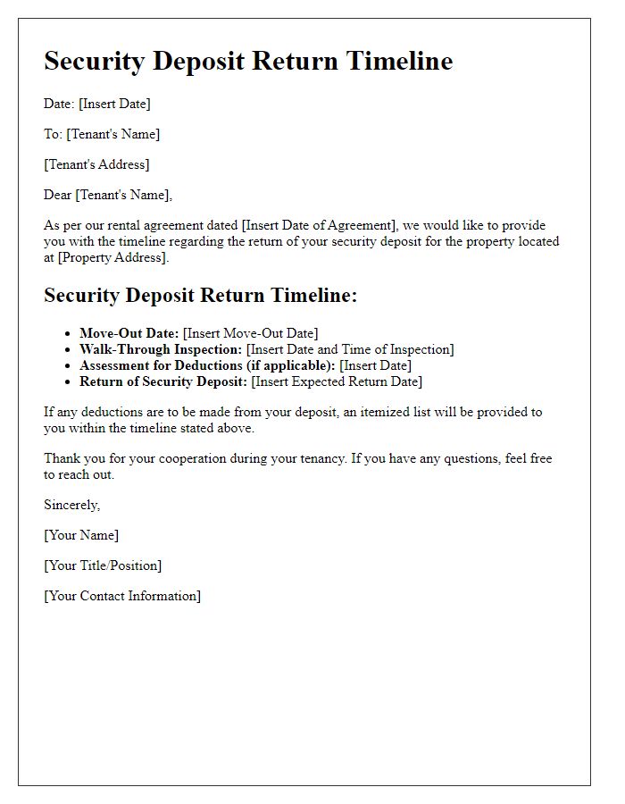 Letter template of timeline for returning tenants security deposit.