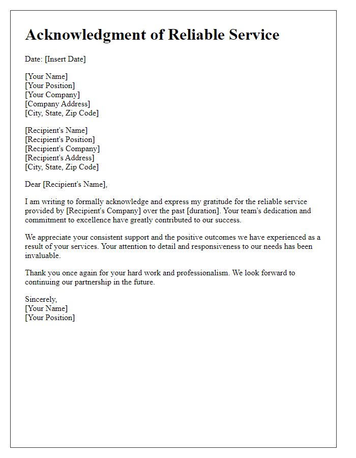 Letter template of acknowledgment for reliable service.