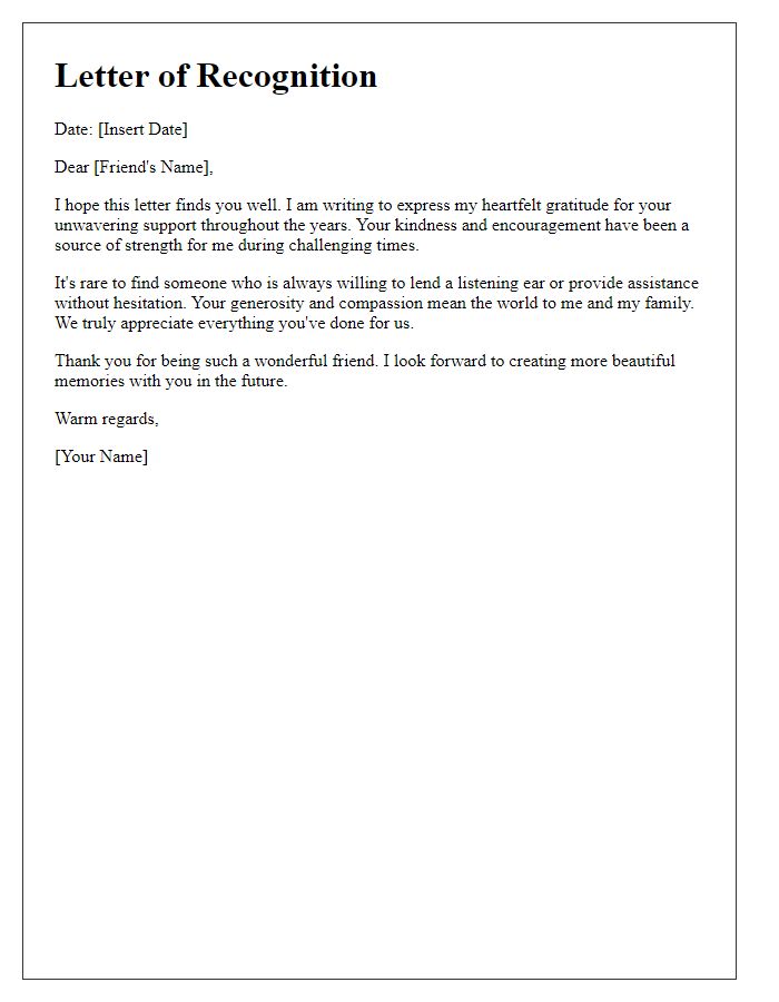 Letter template of recognition for a family friend's unwavering support.