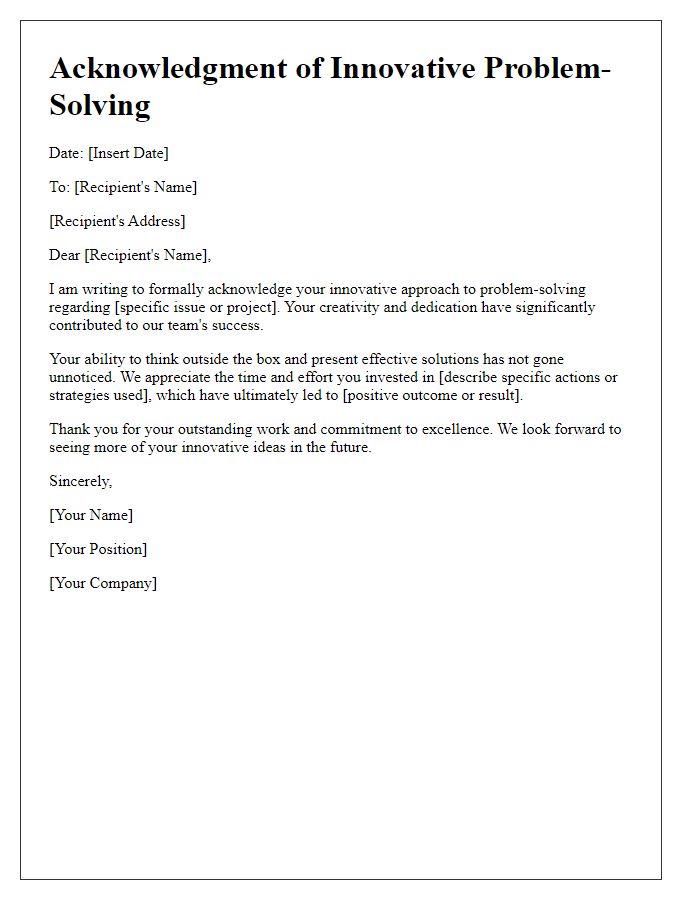 Letter template of acknowledgment for innovative problem-solving