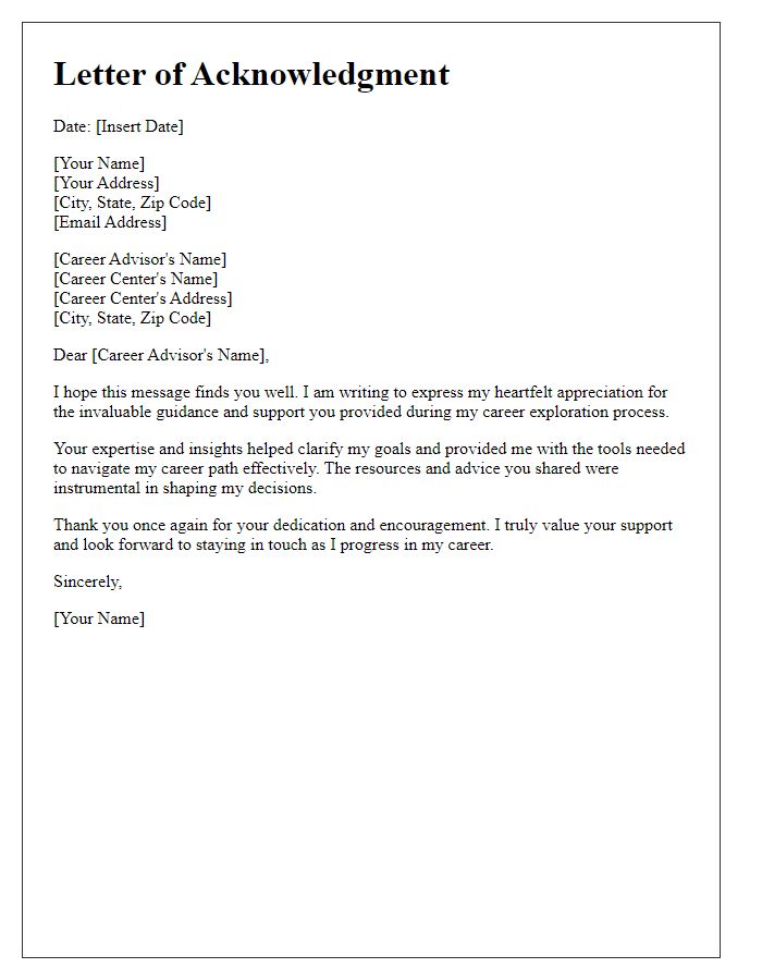 Letter template of acknowledgment for career advisor's help