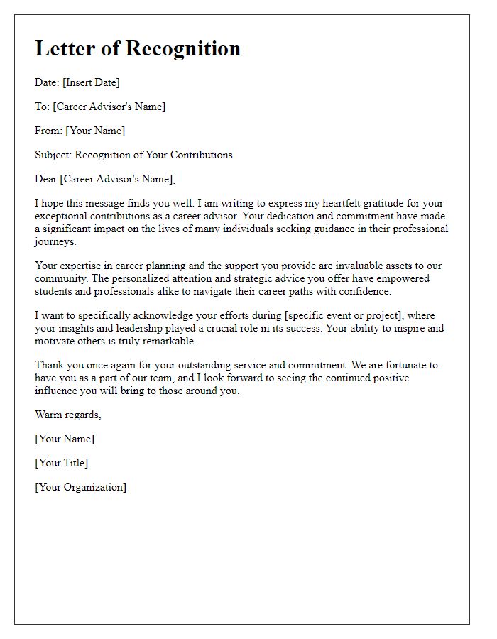 Letter template of recognition for career advisor's contributions