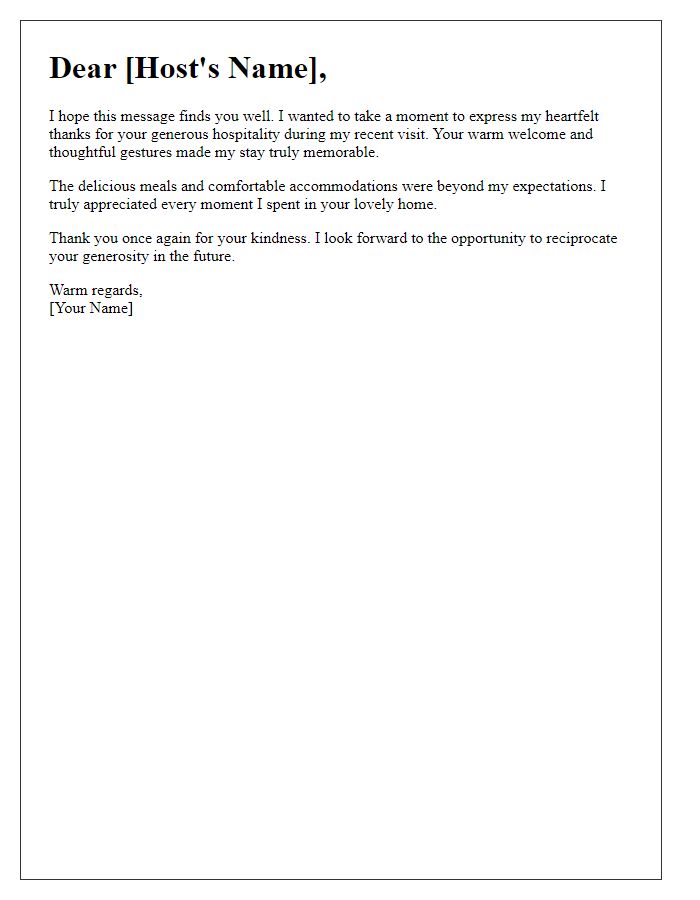 Letter template of sincere thanks for your generous hospitality.