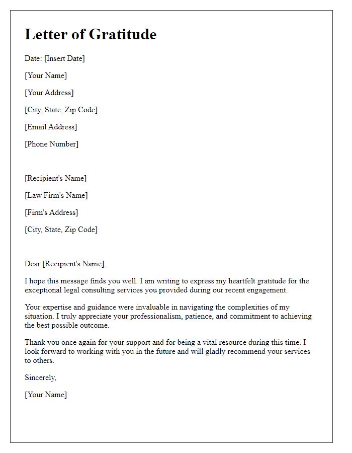 Letter template of gratitude for legal consulting services.