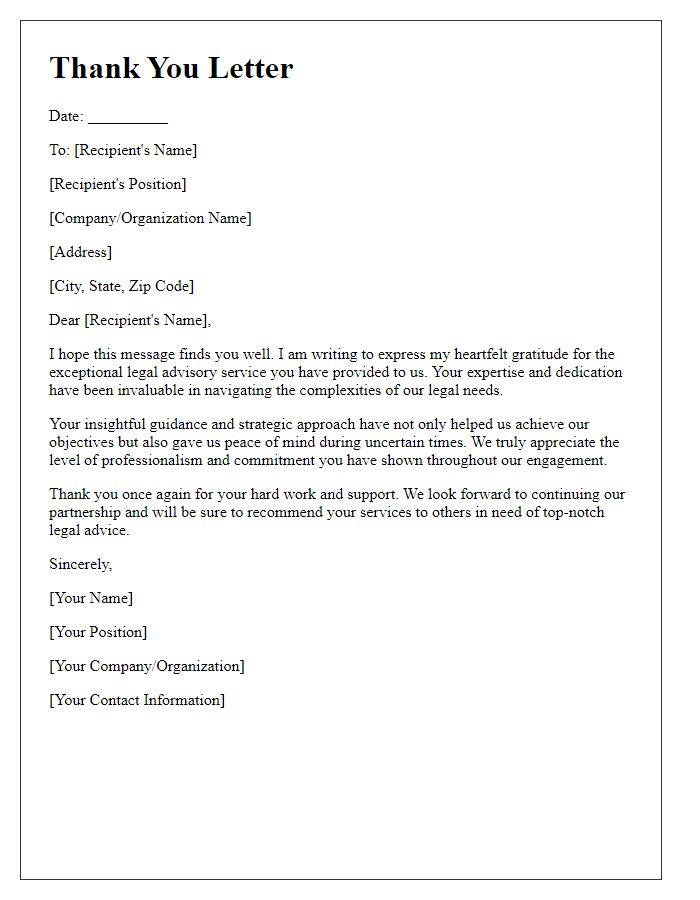 Letter template of thanks for dedicated legal advisory service.