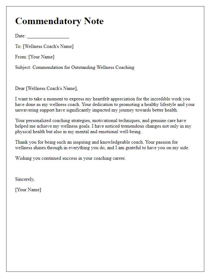 Letter template of commendatory note for a wellness coach