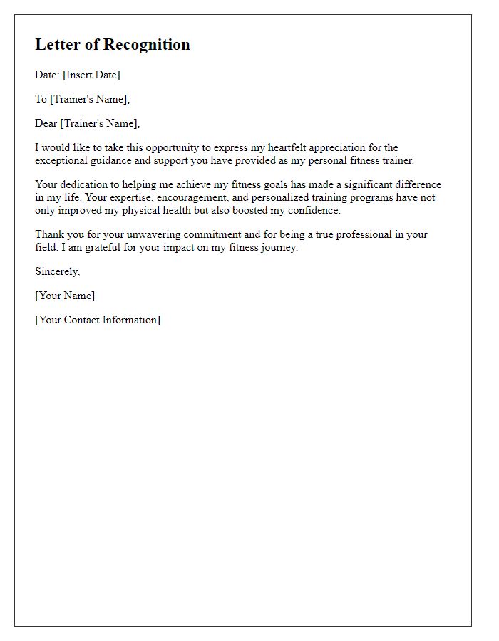 Letter template of recognition for a personal fitness trainer