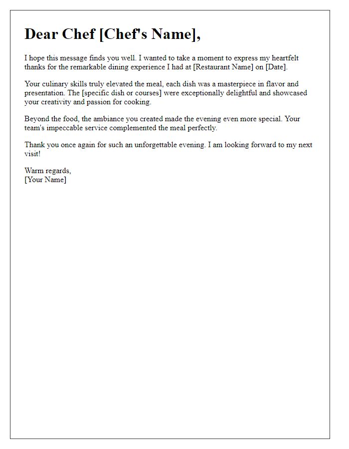 Letter template of thanks for a chef's remarkable dining experience.