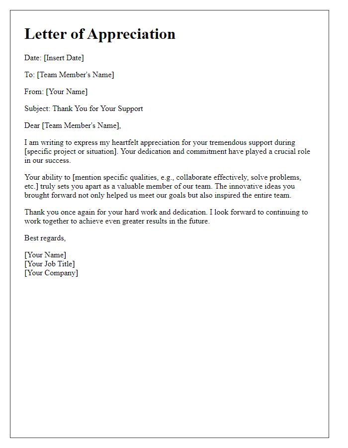 Letter template of appreciation for a team member's support