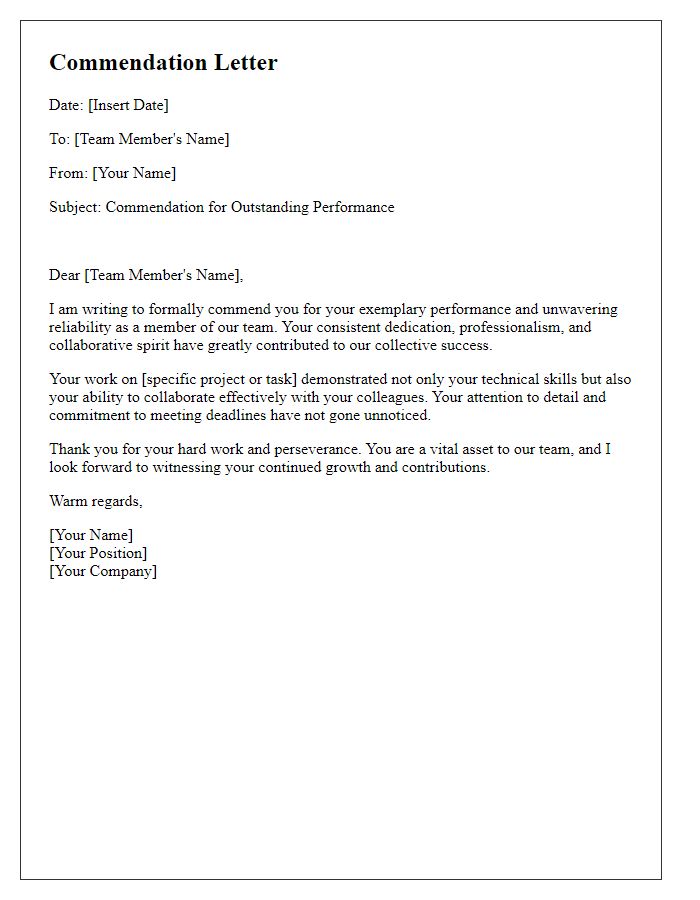 Letter template of commendation for a reliable team member