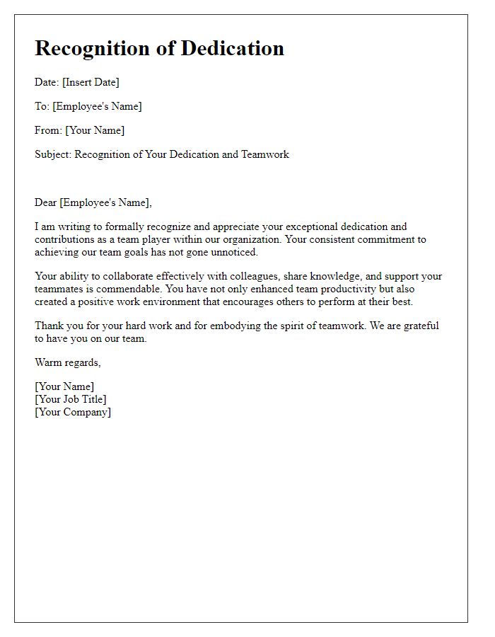 Letter template of recognition for a dedicated team player