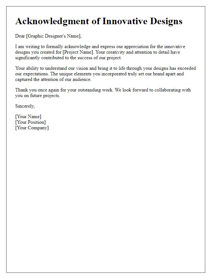 Letter template of acknowledgment for graphic designer's innovative designs